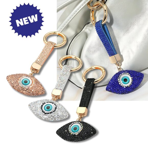 Rhinestone Bling Sparkle Evil Eye Protection From Harm Bag Charm Key Chain NEW - Picture 1 of 6